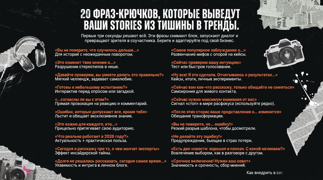 20 фраз-крючков, которые выведут ваши Stories из тишины в тренды Вы замечали,… 2