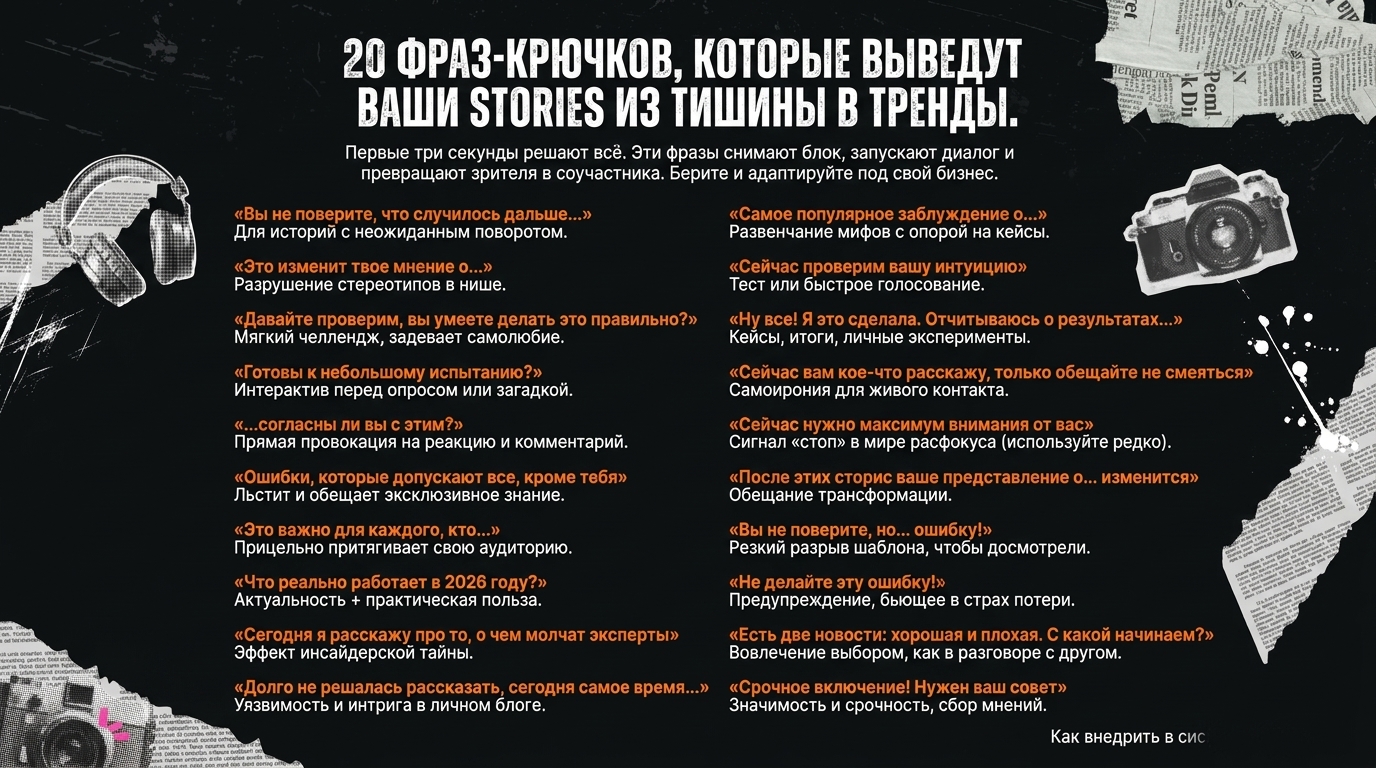 20 фраз-крючков, которые выведут ваши Stories из тишины в тренды Вы замечали,… 2